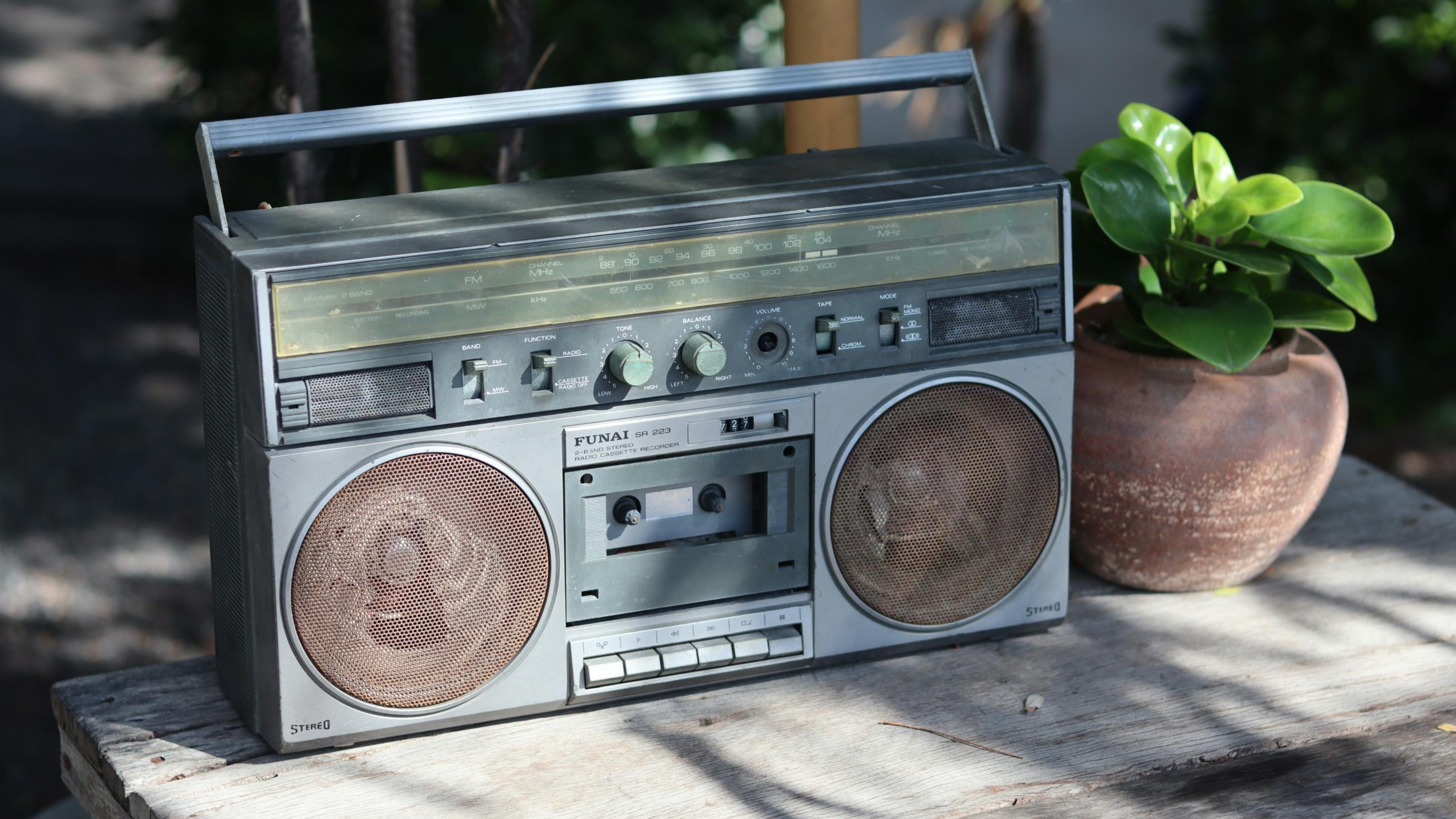 Neben einem alten Radio aus geschätzt den Achtzigern steht eine kleine grüne Pflanze in einem Tontopf