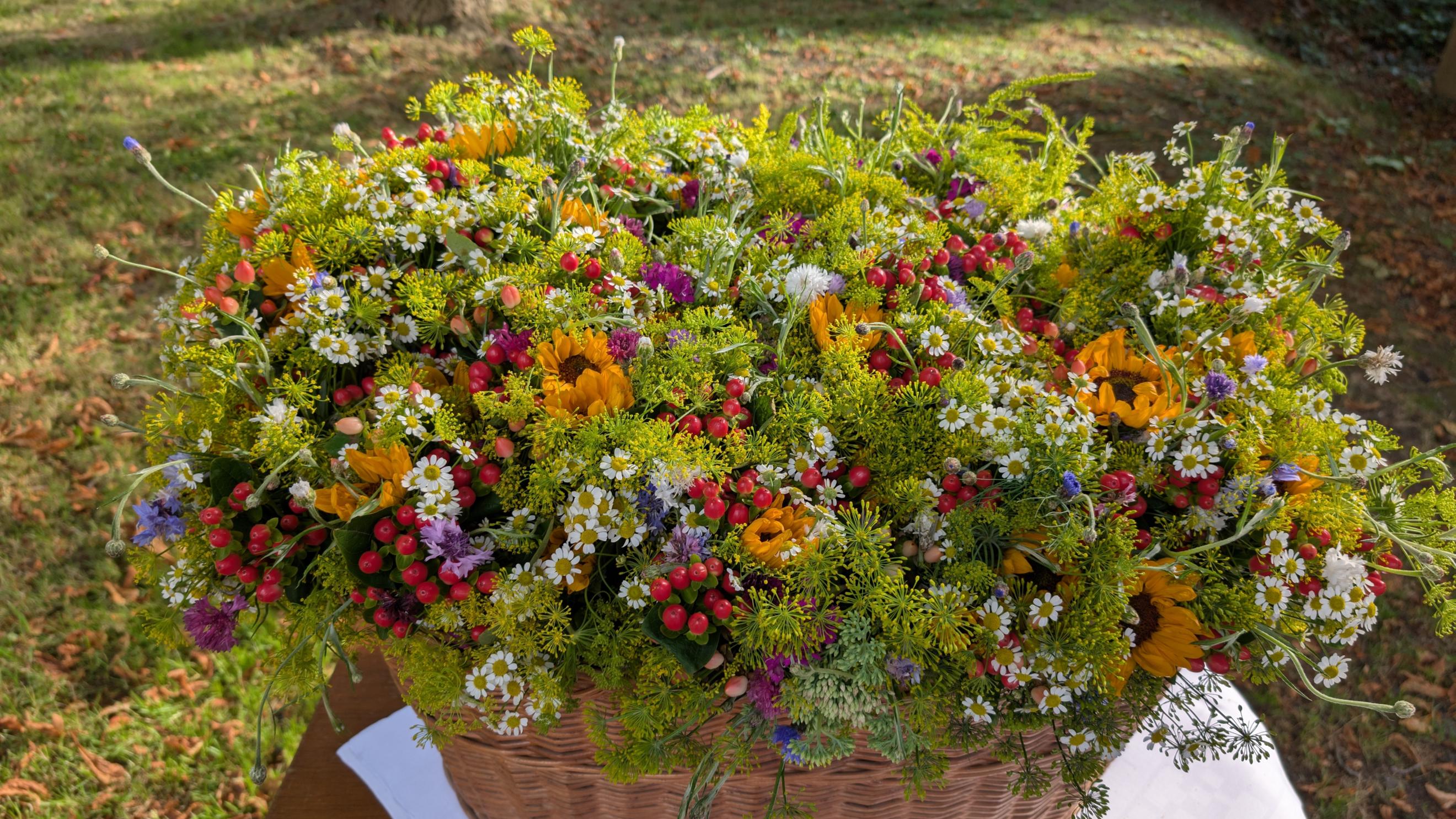 Korb mit verschiedenen Blumen und Kräutern